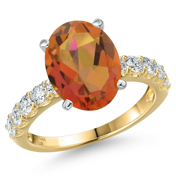 Gem Stone King 14K Two Tone Gold Twilight Orange Mystic Quartz and Lab Grown Diamond Engagement Ring for Women | 4.65 Cttw | Oval 12X10MM | Gemstone Birthstone | Size 6