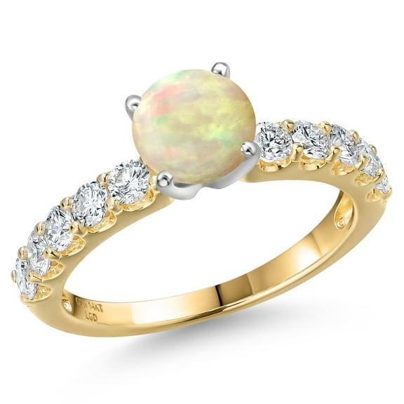 Gem Stone King 14K Two Tone Gold White Ethiopian Opal and Lab Grown Diamond Engagement Ring for Women | 1.21 Cttw | Round Cabochon 6MM | Gemstone October Birthstone | Size 6