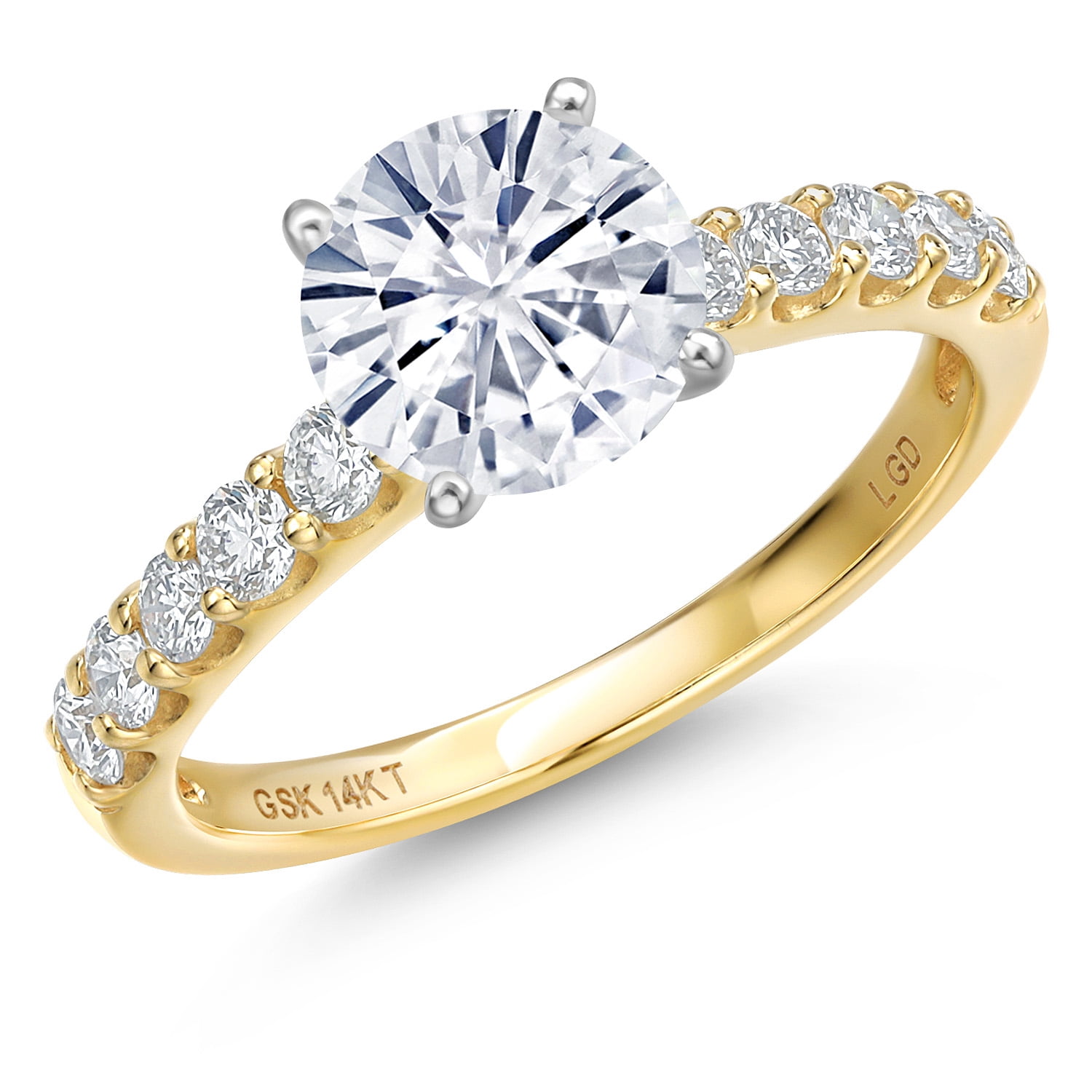 Gem Stone King 14K Two Tone Gold White Moissanite and Lab Grown Diamond Engagement Ring for Women | 1.18 Cttw | Round 6MM | Gemstone Birthstone | Size 9