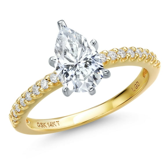 Gem Stone King 14K Two Tone Gold White Moissanite and Lab Grown Diamond Engagement Ring for Women | 1.48 Cttw | Pear Shape 9X6MM | Gemstone Birthstone | Size 6