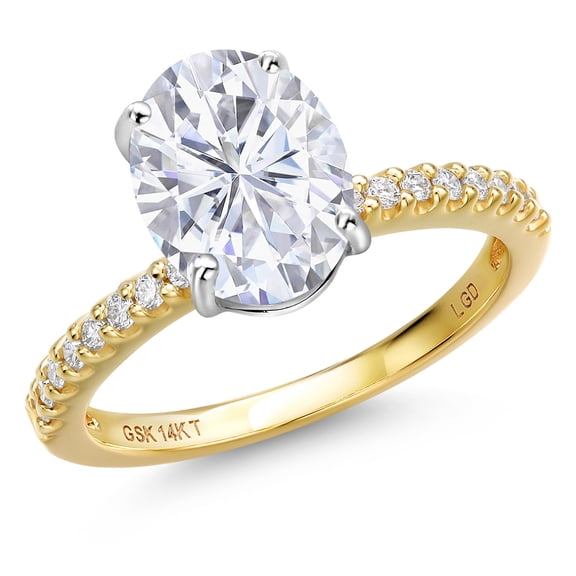 Gem Stone King 14K Two Tone Gold White Moissanite and Lab Grown Diamond Engagement Ring for Women | 3.16 Cttw | Oval 10X8MM | Gemstone Birthstone | Size 7