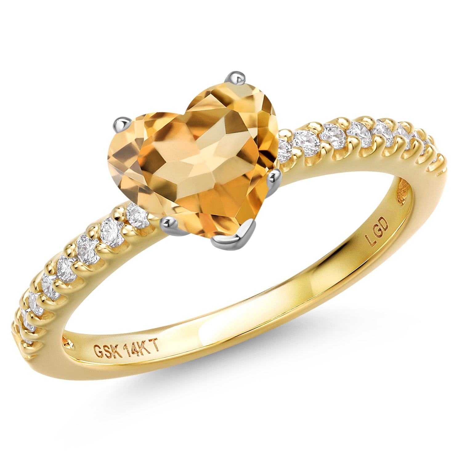 Gem Stone King 14K Two Tone Gold Yellow Citrine and Lab Grown Diamond Engagement Ring for Women | 1.56 Cttw | Heart Shape 8MM | Gemstone November Birthstone | Size 8