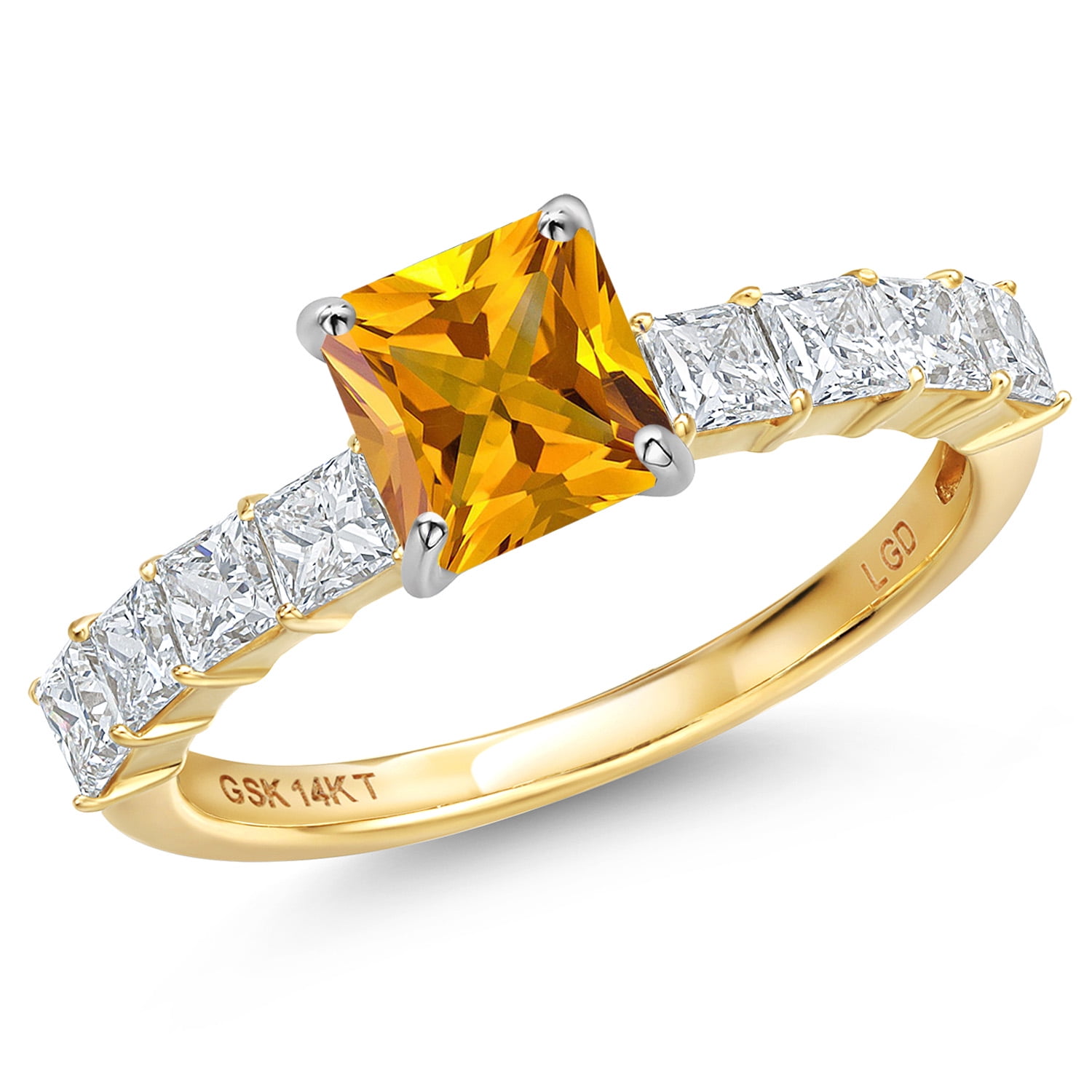 Gem Stone King 14K White And Yellow Gold Yellow Citrine and Lab Grown Diamond Engagement Ring for Women | 1.96 Cttw | Princess 6MM | Gemstone November Birthstone | Size 8