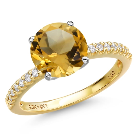 Gem Stone King 14K Two Tone Gold Yellow Citrine and Lab Grown Diamond Engagement Ring for Women | 3.68 Cttw | Round 10MM | Gemstone November Birthstone | Size 7