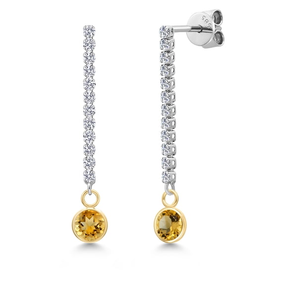 Gem Stone King 14K Two Tone Gold Yellow Citrine and Lab Grown Diamond Earrings for Women | 1.26 Cttw | Gemstone November Birthstone | Round 5MM