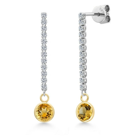 Gem Stone King 14K Two Tone Gold Yellow Citrine and Lab Grown Diamond Long Liner Dangle Earrings for Women | 1.96 Cttw | Gemstone November Birthstone | Round 6MM