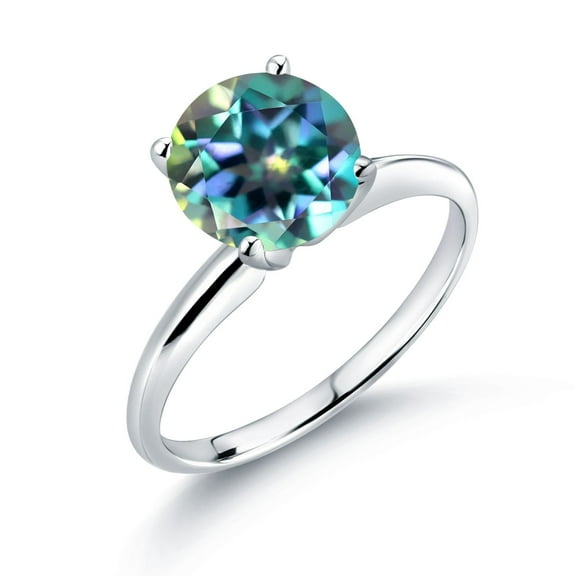 Gem Stone King 2.00 Cttw 14K White Gold Millennium Blue Mystic Topaz Solitaire Engagement Ring | Round 8MM | Gold Ring for Women | Size 5