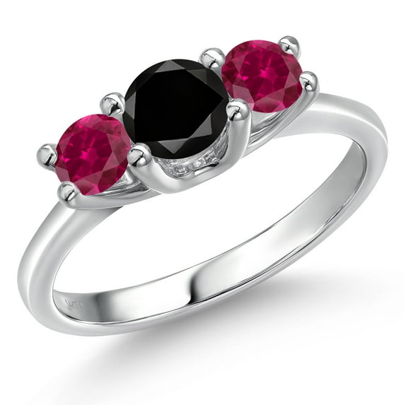 Gem Stone King 14K White Gold Black Diamond & Red Created Ruby 3-Stone Engagement Ring | 1.05 Cttw | Round 5MM and 4MM | Three Stone Wedding Anniversary Promise Ring for Women (Size 6)
