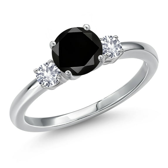 Gem Stone King 14K White Gold Black Diamond and White Created Sapphire Engagement Ring for Women | 1.36 Cttw | Round 6.5MM | Gemstone April Birthstone | Size 7
