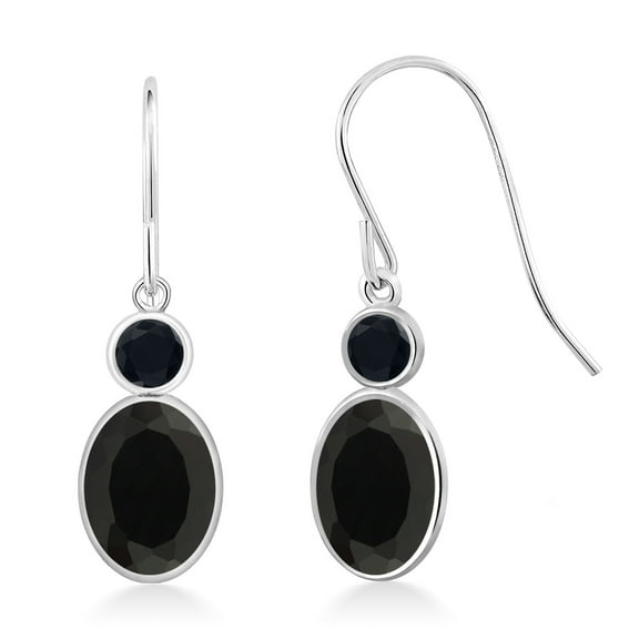 Gem Stone King 14K White Gold Black Onyx Hook French Fish Ear Wire Dangle Earrings for Women (1.60 Cttw, Gemstone December Birthstone, Oval 7X5MM, Round 3MM)