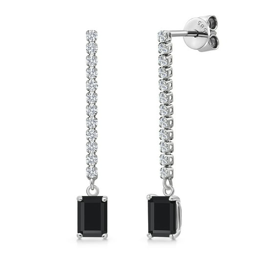 Gem Stone King 14K White Gold Black Onyx and Lab Grown Diamond Long Liner Dangle Earrings for Women | 1.48 Cttw | Gemstone December Birthstone | Octagon 6X4MM | White Gold Chain Drop Earrings