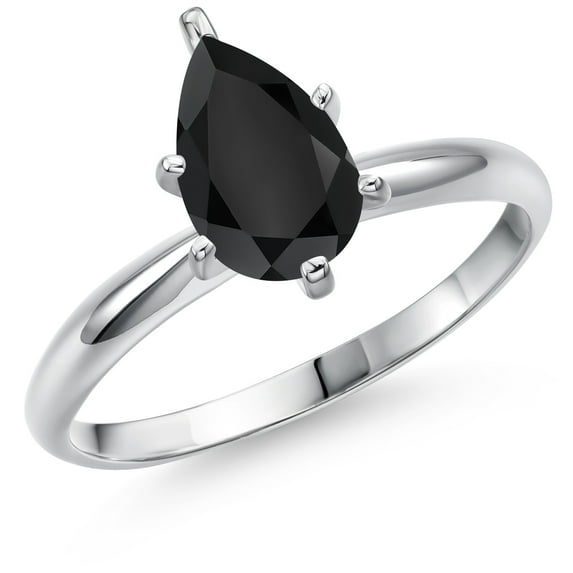 Gem Stone King 14K White Gold Black Onyx Solitaire Engagement Ring for Women | 1.28 Cttw | Pear Shape 9X6MM | Gemstone December Birthstone | Size 9