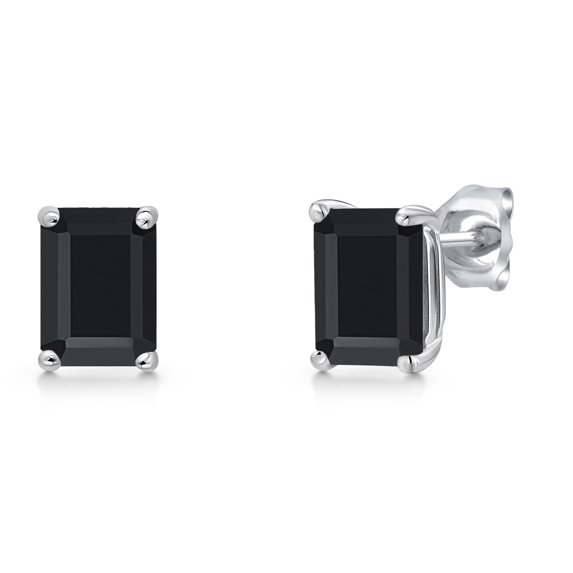 Gem Stone King 14K White Gold Black Onyx Stud Basket Setting Earrings | 1.94 Cttw | Gemstone December Birthstone | Octagon 7X5MM | Double Notch | Gold Earrings for Women Men