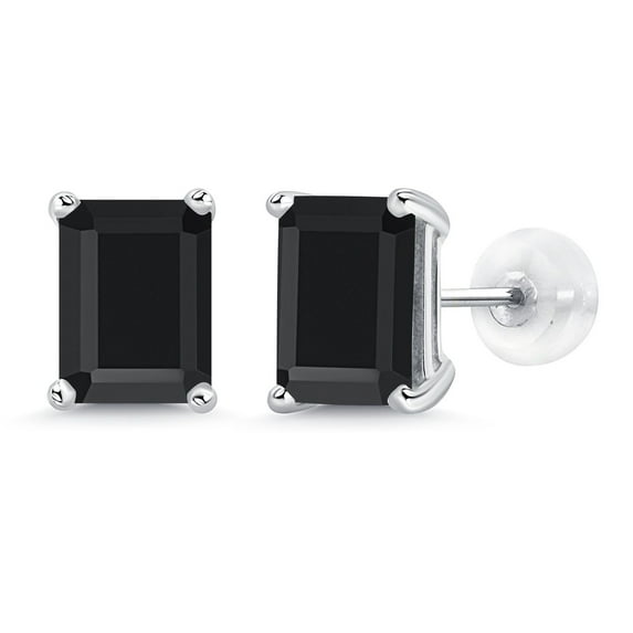 Gem Stone King 14K White Gold Black Onyx Stud Earrings for Women Men (3.27 Cttw, Gemstone December Birthstone, Emerald Cut 8X6MM)