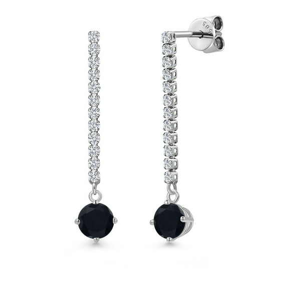 Gem Stone King 14K White Gold Black Onyx and White Lab Grown Diamond Long Liner Dangle Earrings for Women | 1.31 Cttw | Gemstone December Birthstone | Round 5MM | White Gold Chain Drop Earrings