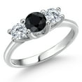 thumbnail image 1 of Gem Stone King 14K White Gold Black Sapphire & Moissanite 3-Stone Engagement Ring | 1.15 Cttw | Round 5MM and 4MM | Three Stone Wedding Anniversary Promise Ring for Women (Size 9), 1 of 6