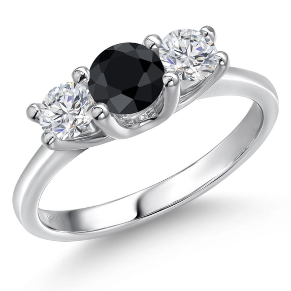 Gem Stone King 14K White Gold Black Sapphire & White Lab Grown Diamond 3-Stone Engagement Ring | 1.23 Cttw | Round 5MM and 4MM | Three Stone Wedding Anniversary Promise Ring for Women (Size 5)