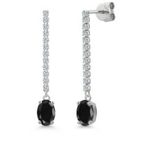 Gem Stone King 14K White Gold Black Sapphire and Lab Grown Diamond Dangle Earrings for Women | 2.56 Cttw | Gemstone September Birthstone | Oval 7X5MM