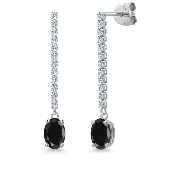 Gem Stone King 14K White Gold Black Sapphire and Lab Grown Diamond Dangle Earrings for Women | 2.56 Cttw | Gemstone September Birthstone | Oval 7X5MM