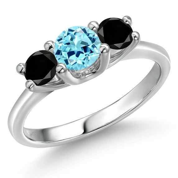 Gem Stone King 14K White Gold Blue Apatite & Black Diamond 3-Stone Engagement Ring | 1.04 Cttw | Round 5MM and 4MM | Three Stone Wedding Anniversary Promise Ring for Women (Size 9)