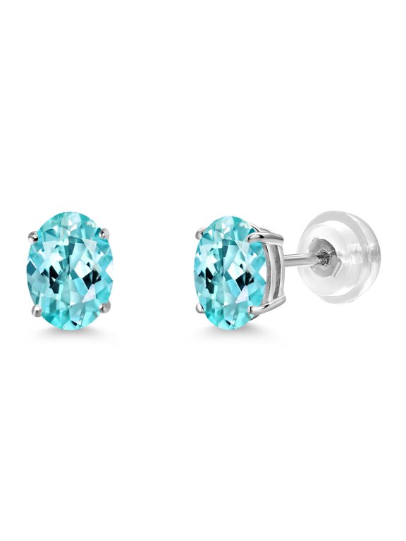 14K White Gold Blue Apatite Stud Basket Setting Earrings for Women Men (1.64 Cttw, Gemstone Birthstone, Oval 7X5MM)