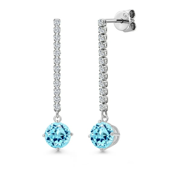 Gem Stone King 14K White Gold Blue Apatite and White Lab Grown Diamond Long Liner Dangle Earrings for Women | 2.00 Cttw | Gemstone Birthstone | Round 6MM | White Gold Chain Drop Earrings