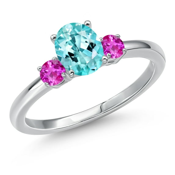 Gem Stone King 14K White Gold Blue Apatite and Pink Sapphire Engagement Ring for Women | 1.09 Cttw | Oval 7X5MM | Gemstone Birthstone | Size 7