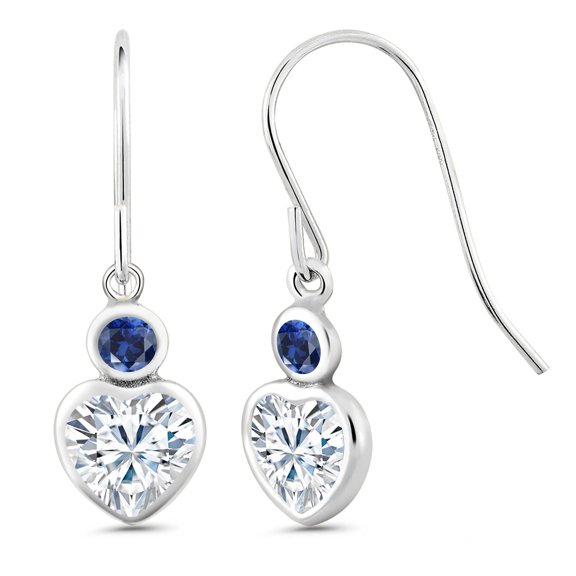 Gem Stone King 14K White Gold Blue Created Sapphire Earrings Set with Moissanite (1.12 Cttw)