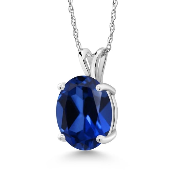 Gem Stone King 14K White Gold Blue Created Sapphire Pendant Necklace for Women (5.00 Cttw, Gemstone September Birthstone, Oval 11X9MM, With 18 inch Chain)