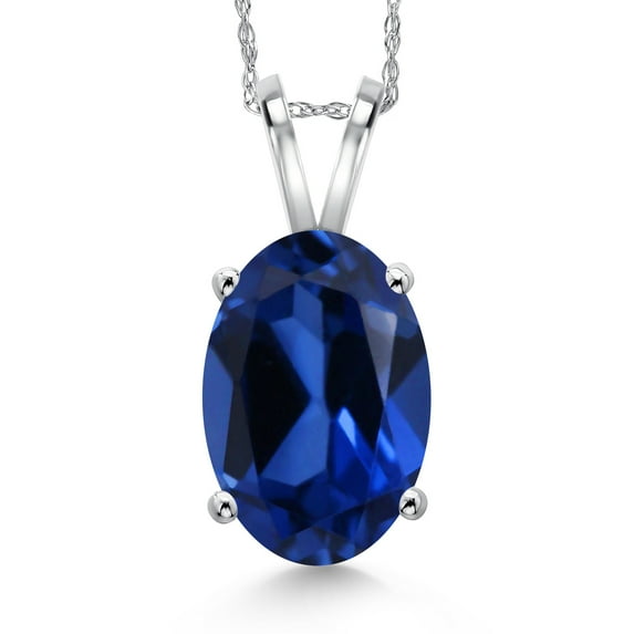 Gem Stone King 14K White Gold Blue Created Sapphire Pendant Necklace for Women | 6.00 Cttw | Gemstone September Birthstone | Oval 14X10MM | With 18 inch Chain