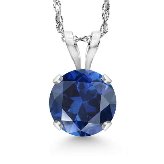 Gem Stone King 14K White Gold Blue Created Sapphire Pendant Necklace for Women | 0.75 Cttw | Gemstone September Birthstone | Round 6MM | With 18 inch Chain