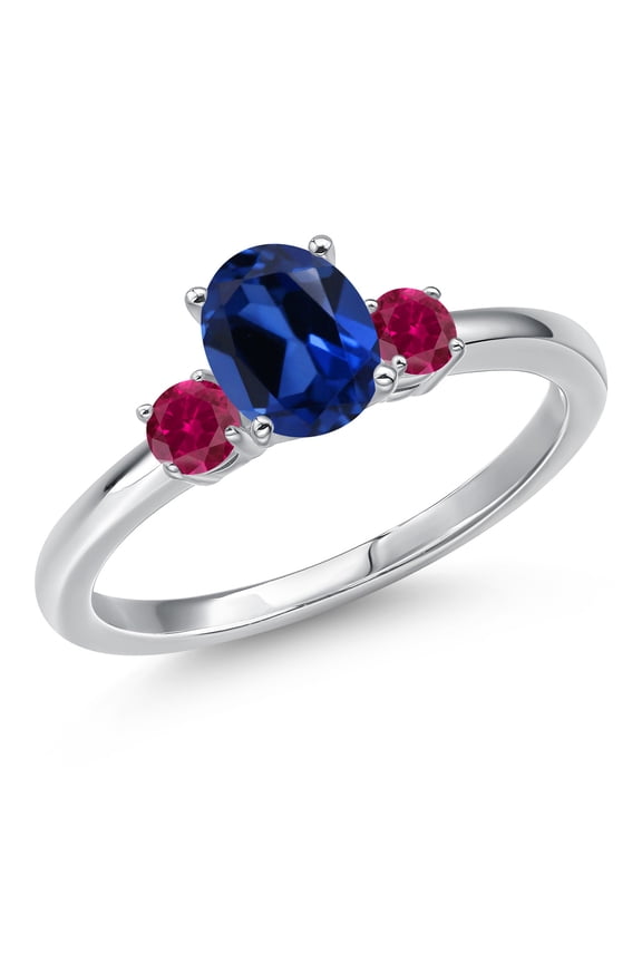 14K White Gold Blue Created Sapphire and Red Created Ruby Engagement Ring for Women | 1.28 Cttw | Oval 7X5MM | Gemstone September Birthstone | Size 9