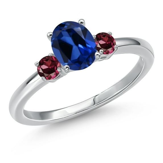 Gem Stone King 14K White Gold Blue Created Sapphire and Red Rhodolite Garnet Engagement Ring for Women | 1.24 Cttw | Oval 7X5MM | Gemstone September Birthstone | Size 6