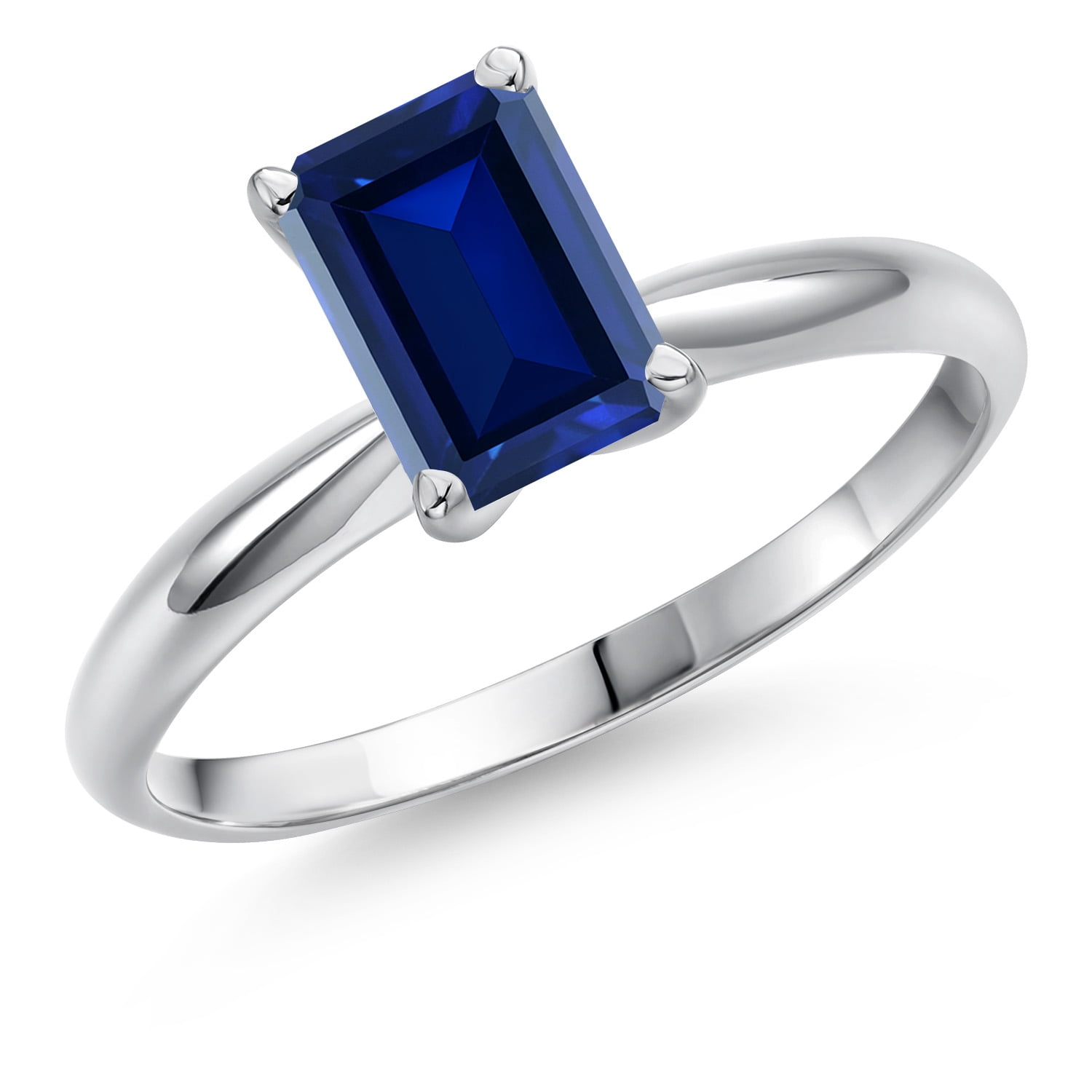 Gem Stone King 14K White Gold Blue Created Sapphire Solitaire Engagement Ring for Women | 1.50 Cttw | Octagon 8X6MM | Gemstone September Birthstone | Size 7