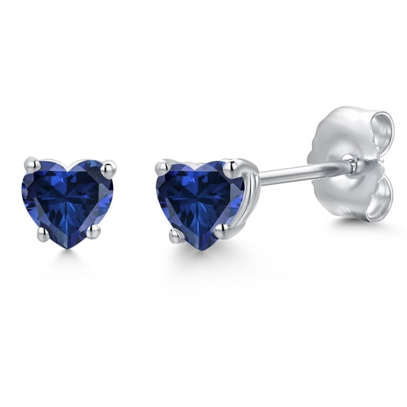 Gem Stone King 14K White Gold Blue Created Sapphire Stud Earrings for Women | 1.00 Cttw | Gemstone September Birthstone | Heart Shape 4MM