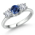 thumbnail image 1 of Gem Stone King 14K White Gold Blue Created Sapphire & White Created Sapphire 3-Stone Engagement Ring | 1.10 Cttw | Round 5MM and 4MM | Three Stone Wedding Anniversary Promise Ring for Women (Size 5), 1 of 6