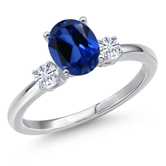 Gem Stone King 14K White Gold Blue Created Sapphire and White Moissanite Engagement Ring for Women | 1.80 Cttw | Oval 8X6MM | Gemstone September Birthstone | Size 8