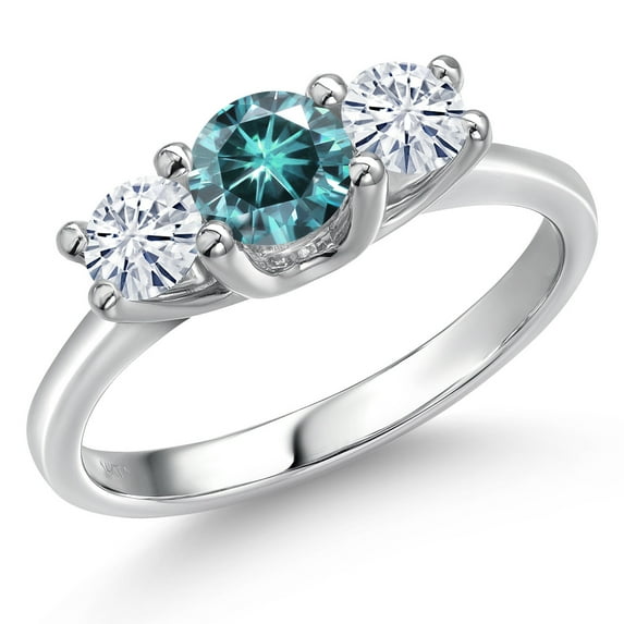 Gem Stone King 14K White Gold Blue Moissanite & White Moissanite 3-Stone Engagement Ring | 0.96 Cttw | Round 5MM and 4MM | Three Stone Wedding Anniversary Promise Ring for Women (Size 9)