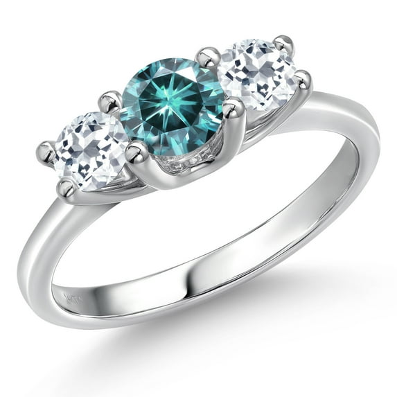 Gem Stone King 14K White Gold Blue Moissanite & White Topaz 3-Stone Engagement Ring | 1.16 Cttw | Round 5MM and 4MM | Three Stone Wedding Anniversary Promise Ring for Women (Size 8)