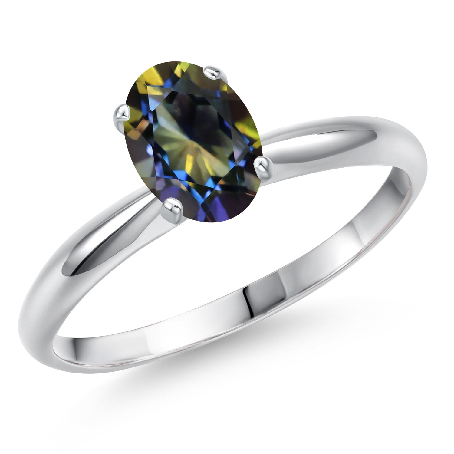 Gem Stone King 14K White Gold Blue Mystic Topaz Solitaire Engagement Ring for Women | 0.95 Cttw | Oval 7X5MM | Gemstone November Birthstone | Size 8