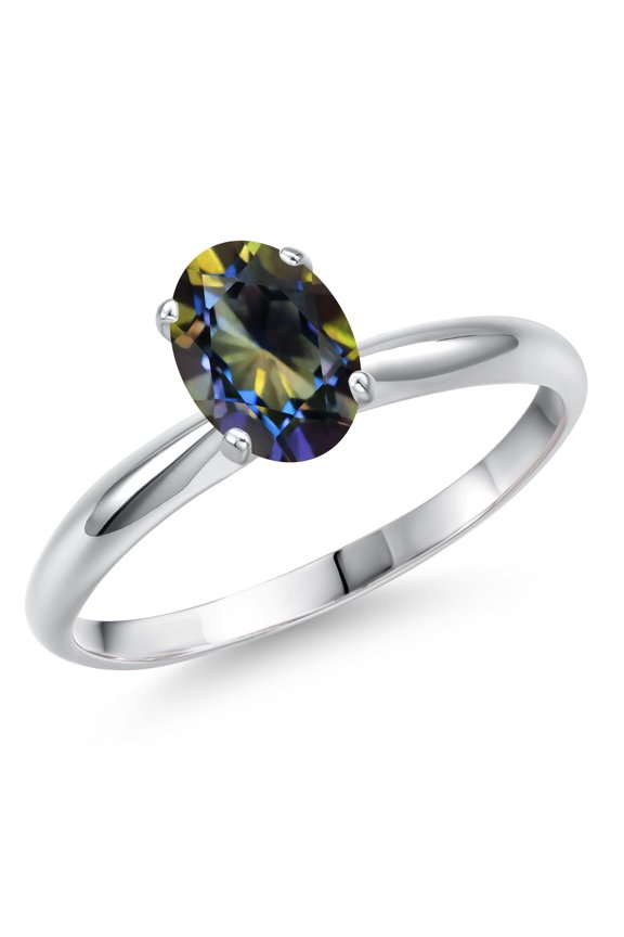 14K White Gold Blue Mystic Topaz Solitaire Engagement Ring for Women | 0.95 Cttw | Oval 7X5MM | Gemstone November Birthstone | Size 8
