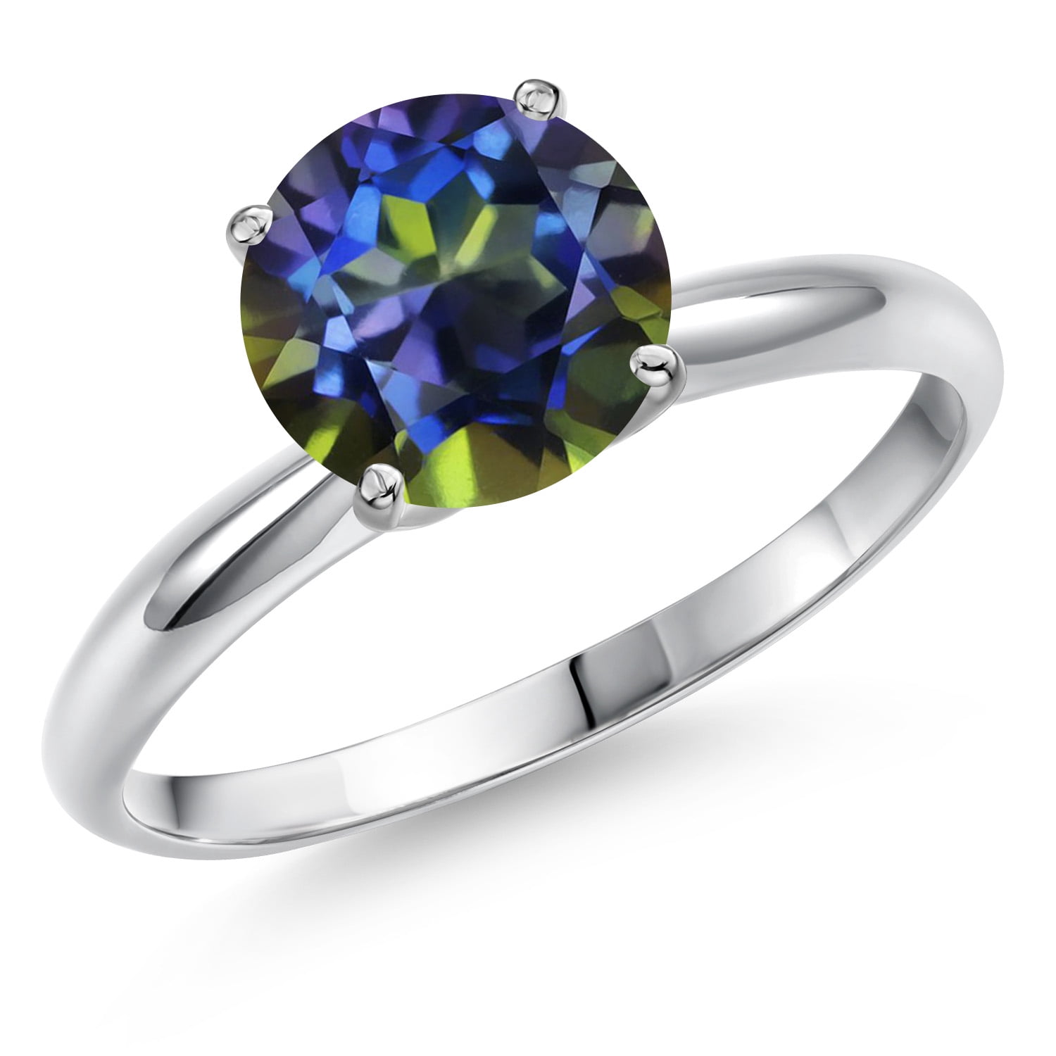 Gem Stone King 14K White Gold Blue Mystic Topaz Solitaire Engagement Ring for Women | 2.00 Cttw | Round 8MM | Gemstone November Birthstone | Size 6