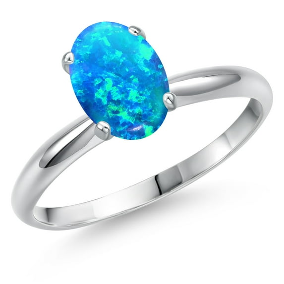 Gem Stone King 14K White Gold Blue Opal Solitaire Engagement Ring for Women | 1.06 Cttw | Oval Cabochon 8X6MM | Gemstone October Birthstone | Size 9