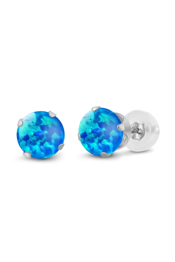 14K White Gold Blue Opal Stud Earrings for Women Men (0.50 Cttw, Gemstone October Birthstone, Round Cabochon 4MM)