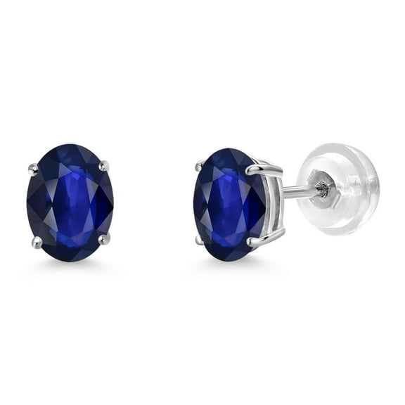 Gem Stone King 14K White Gold Blue Sapphire Earrings | 1.14 Cttw | Gemstone Birthstone | Oval 7X5MM | White Gold Stud Earrings for Women Men