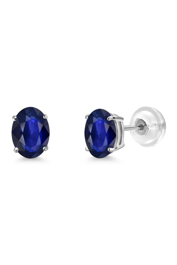 14K White Gold Blue Sapphire Earrings | 1.14 Cttw | Gemstone Birthstone | Oval 7X5MM | White Gold Stud Earrings for Women Men