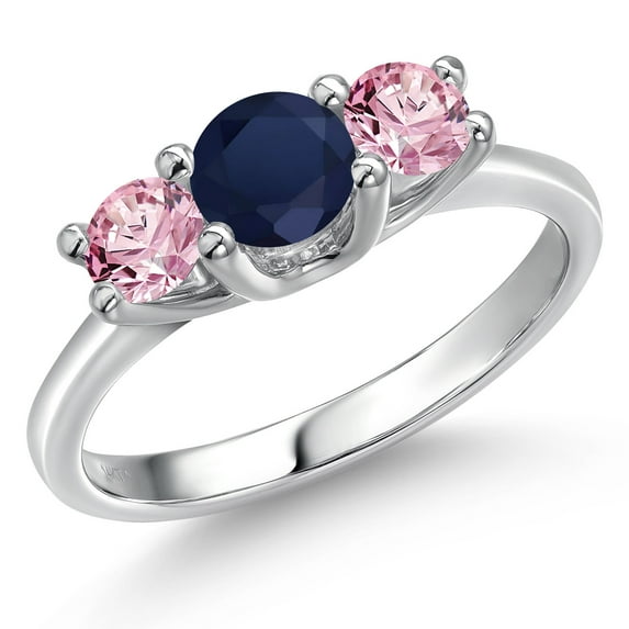 Gem Stone King 14K White Gold Blue Sapphire & Pink Lab Grown Diamond 3-Stone Engagement Ring | 1.10 Cttw | Round 5MM and 4MM | Three Stone Wedding Anniversary Promise Ring for Women (Size 6)