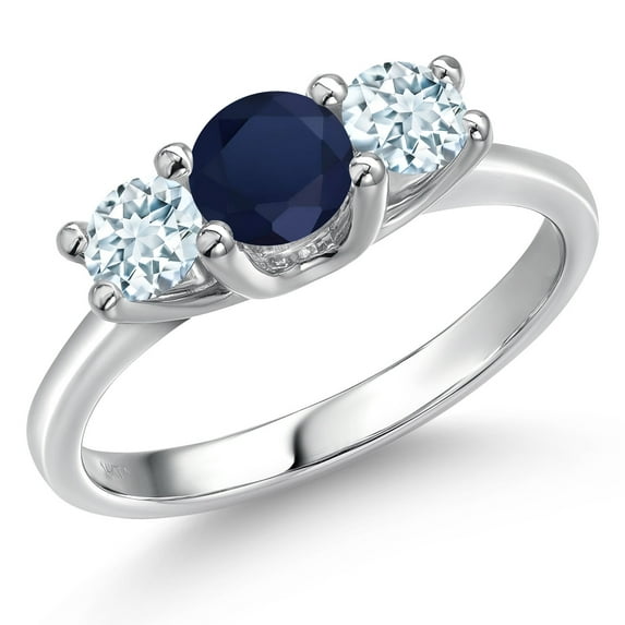 Gem Stone King 14K White Gold Blue Sapphire & Sky Blue Aquamarine 3-Stone Engagement Ring | 1.10 Cttw | Round 5MM and 4MM | Three Stone Wedding Anniversary Promise Ring for Women (Size 8)
