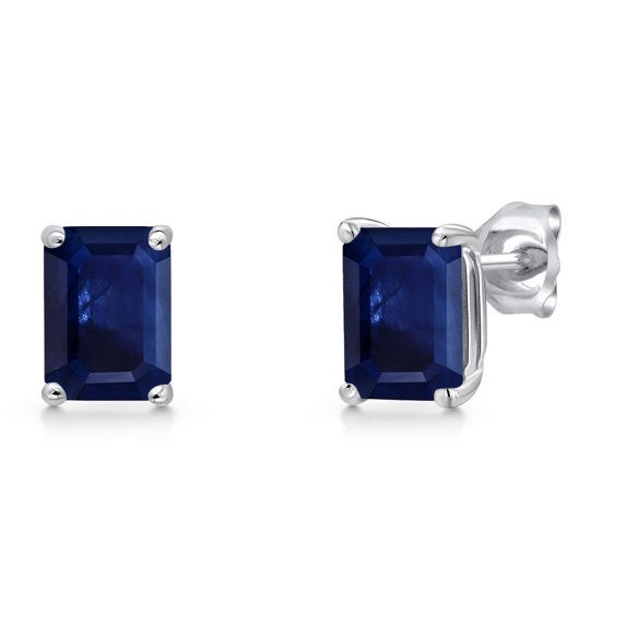 Gem Stone King 14K White Gold Blue Sapphire Stud Basket Setting Earrings | 3.12 Cttw | Gemstone September Birthstone | Octagon 7X5MM | Double Notch | Gold Earrings for Women Men