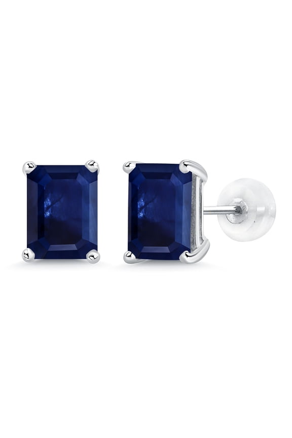 14K White Gold Blue Sapphire Stud Earrings for Women Men (2.42 Cttw, Gemstone September Birthstone, Emerald Cut 8X6MM)